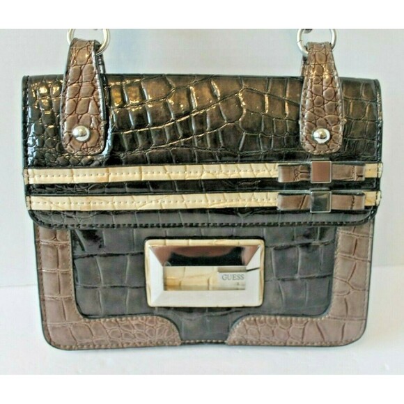 GUESS Purse Brown Crocodile Aligator Design Patent Leather Handbag - Picture 3 of 9